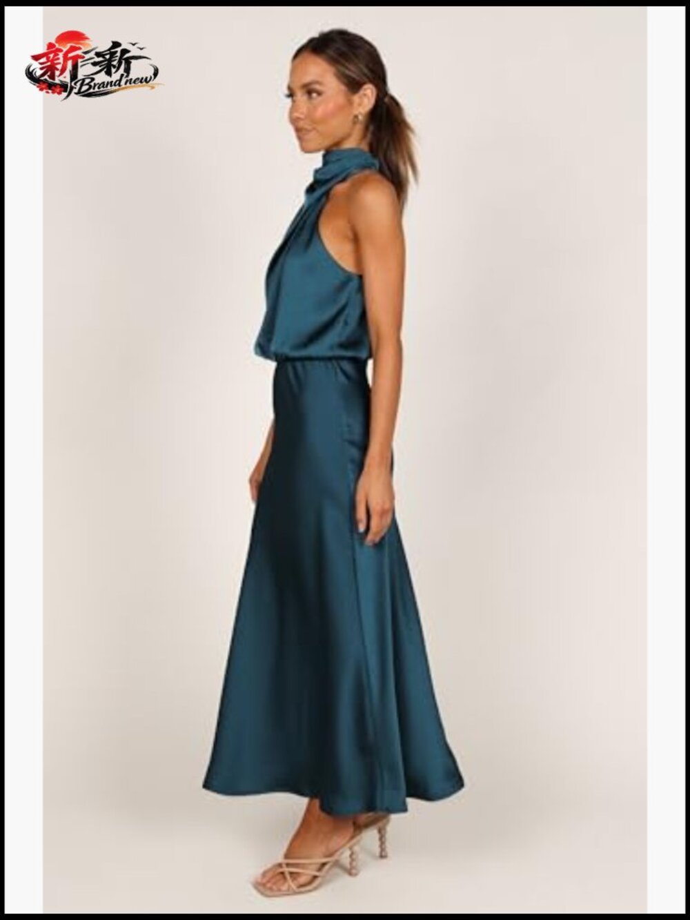 Halter Neck Midi Dress with Asymmetric Neckline and Back Zip - Picture 3 of 6